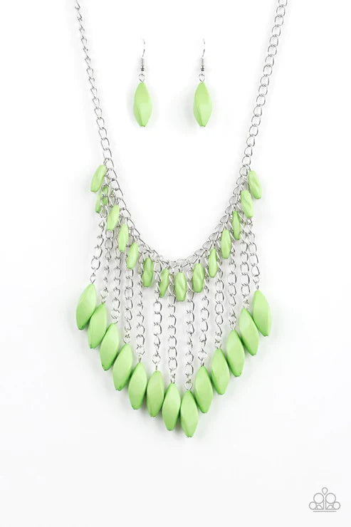 Venturous Vibes - Green Faceted Free-Falling Chain Fringe Necklace N#4135