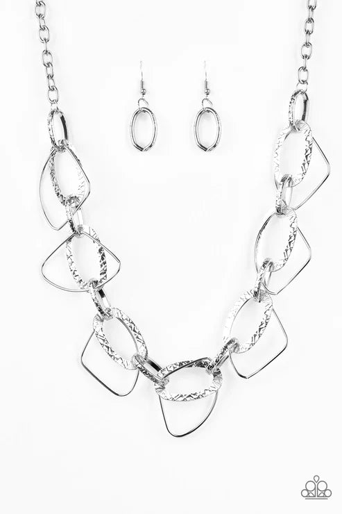 Very Avant-Garde - Silver Embossed Textured Connected Hoops Asymmetrical Edgy Industrial Necklace N#3892