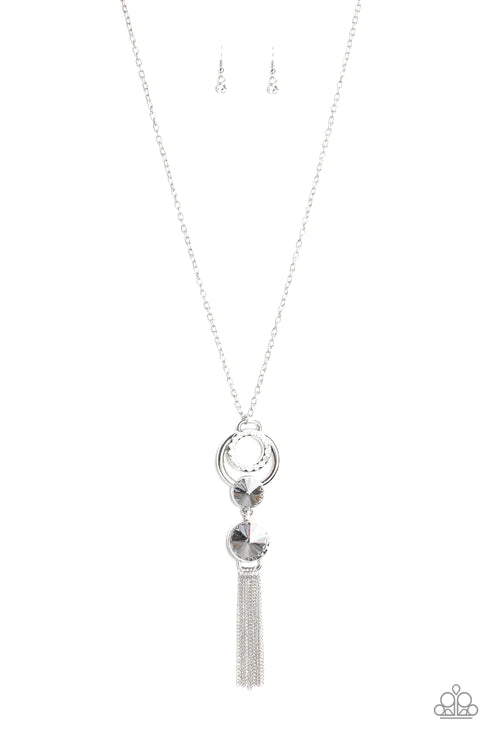 Very Fort-YOU-nate - Oversized Silver Smoky Encrusted Hoop Tassel Necklace N#5449