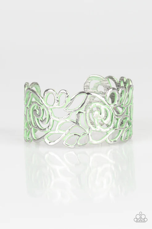 Victorian Gardens - Oversized Green Distressed 3D Floral Filigree Curled Cuff Bracelet B#3560