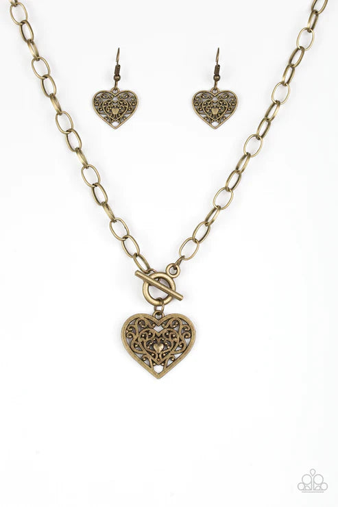 Victorian Romance - Brass Vintage Filigree Heart Tiffany Clap Necklace N#3836