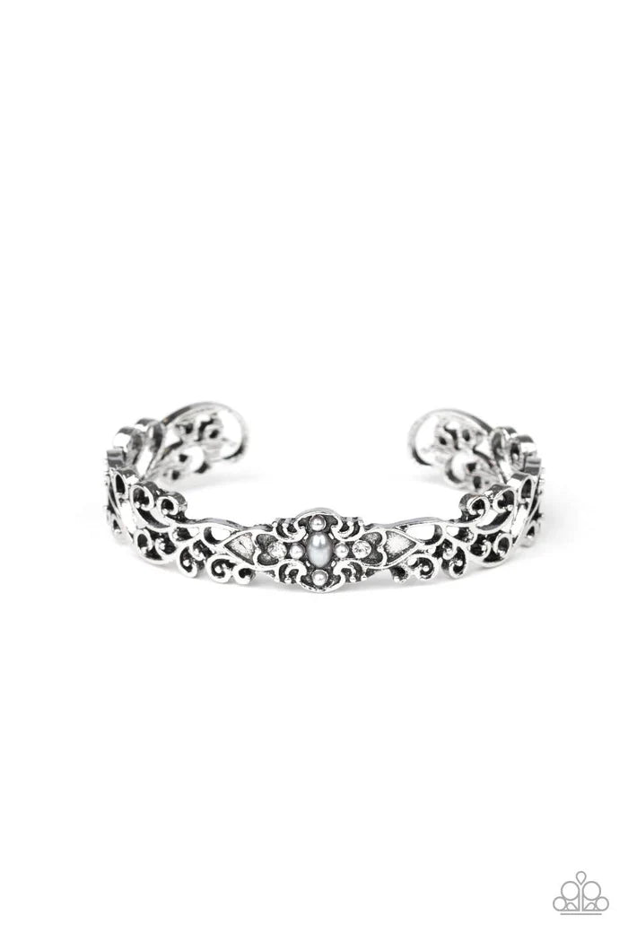 Victorian Vines - Silver Pearl Antiqued Encrusted Filigree Vine Cuff Bracelet B#2076