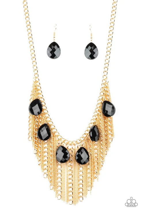 Vixen Conviction - Gold/Black Faceted Mismatched Teardrop Chain Stream Fringe Necklace N#6536