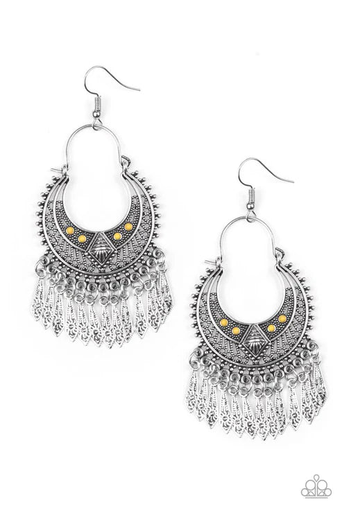 Walk On The Wildside - Oversized Yellow Dotted Diamond Flared Embellish Textured Crescent Tribal Fringe Earrings E#3508