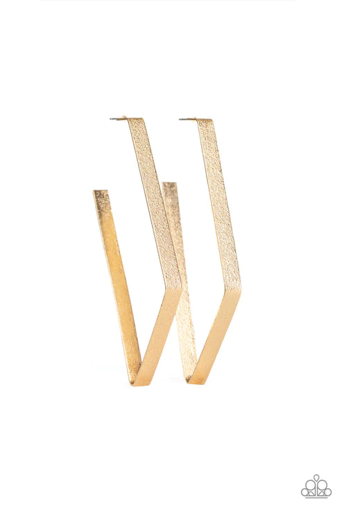 Way Over The Edge - Gold Hammered Asymmetrical Hoop Earrings E#2713