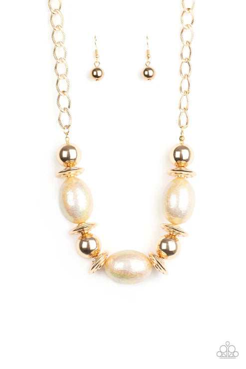 Welcome To The Big Leagues - Oversized Gold Textured Iridescent Oval Subtle Scratch Surface Necklace N#7397