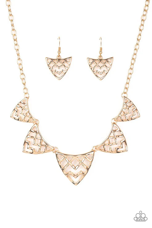 Welcome To The Lions Den - Gold Geometric Connected Fringe Necklace N#2723