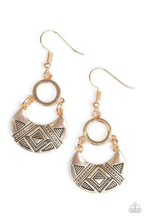 West Side Wild - Gold Stamped Geometric "Swing" Crescent Tribal Hoop Earrings E#4060