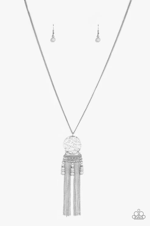 Western Wayward - Silver (Gray) Dream-Catcher Stacked Chains Stream Whimsical Pendant Fringe Necklace N#6537