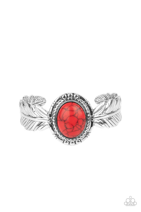 Western Wings - Rustic Red/Silver Stamped Embossed 3D Feathers Branch Out Textured Stone Free-Spirited Cuff Bracelet B#6671