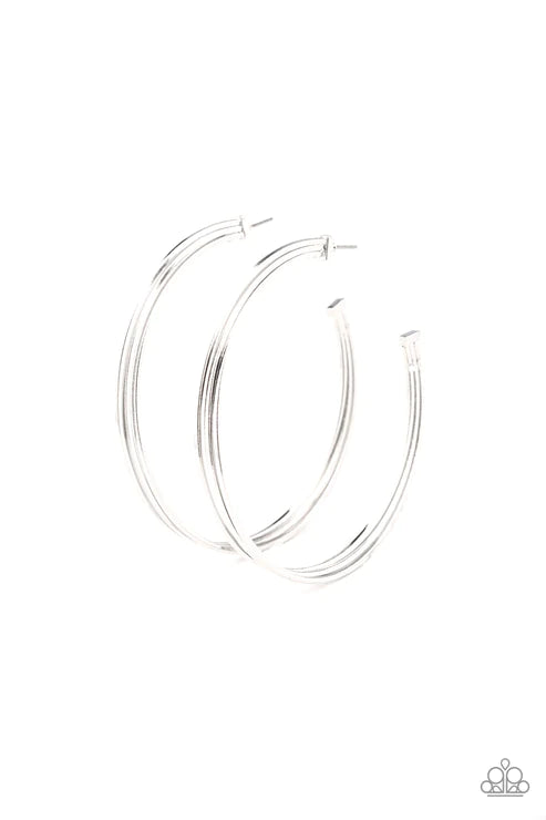 Wheelhouse - Oversized Silver Trio Flat Bars Curl Bold Stacked Edgy Hoop Earrings E#3837