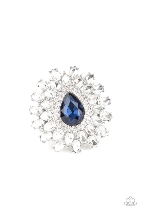 Whos Counting? - Oversized Blue (French) White Teardrop Petals Fan Out Dramatic Blue Teardrop Center Stacking Centerpiece Ring R#6129