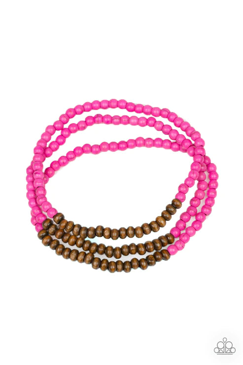 Woodland Wanderer - Pink/Brown Stone/Wood Bracelet Stack B#3675