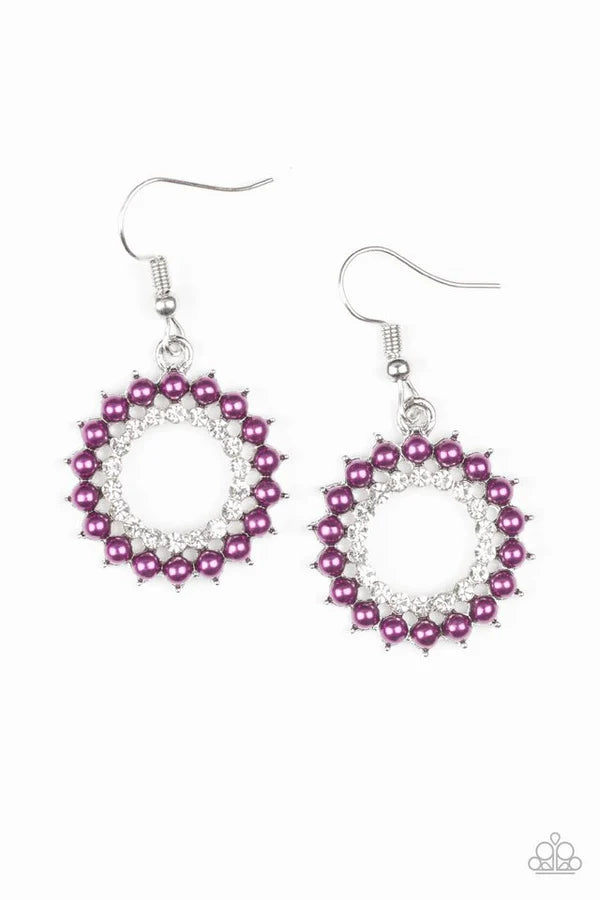 Wreathed In Radiance - Magenta Purple Pearl Encrusted Wreath Hoop Earrings E#6792