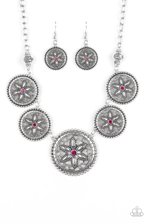 Written In The STAR LILIES - Oversized Pink Dotted Encrusted Floral Link Necklace N#4575