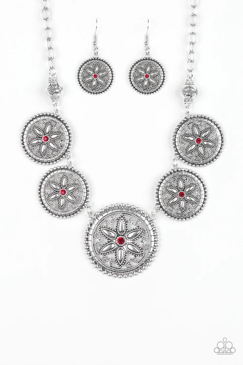 Written In The STAR LILIES - Oversized Red Dotted Encrusted Floral Link Necklace N#6471