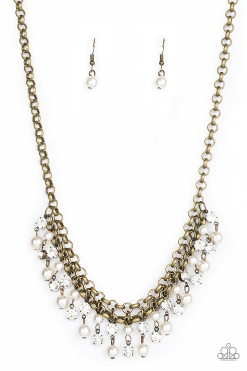 You May Kiss the Bride - Bubbly Brass/White Pearl Encrusted Interlocked Fringe Necklace N#5572