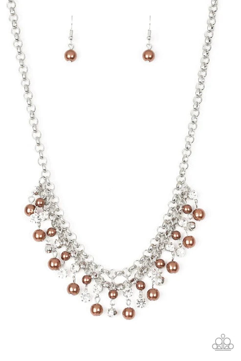 You May Kiss the Bride - Bubbly Brown/Silver Pearl Encrusted Interlocked Fringe Necklace N#6186