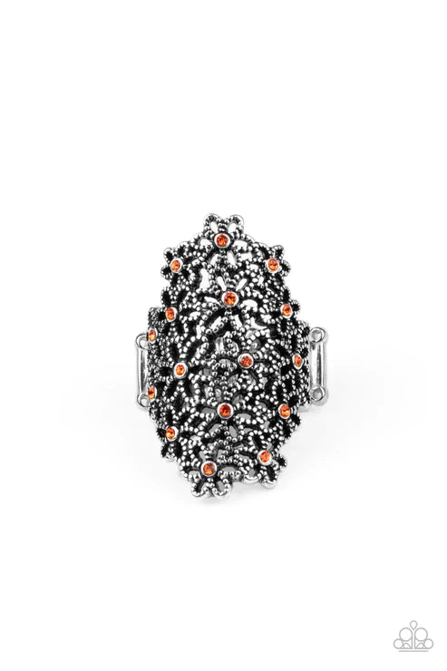 Youre a Sunflower - Oversized Orange (Amberglow) Dotted Encrusted 3D Bouquet Flower Bloom Ring R#3650