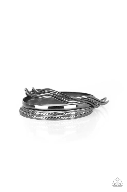 Zesty Zimbabwe - Black Stamped Tribal Round/Wavy Bangles Bracelet Stack B#3769