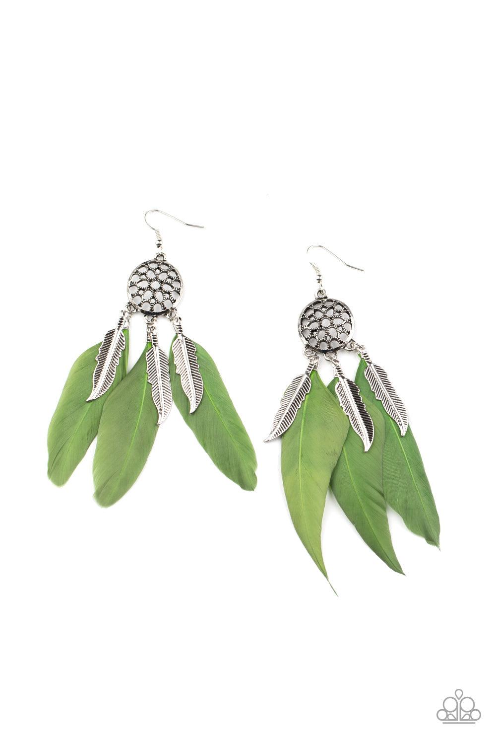 In Your Wildest DREAM-CATCHERS - Oversized Green Antiqued Feathers/Feathers Charm Wildly Dream-Catcher Ornate Earrings E#7320
