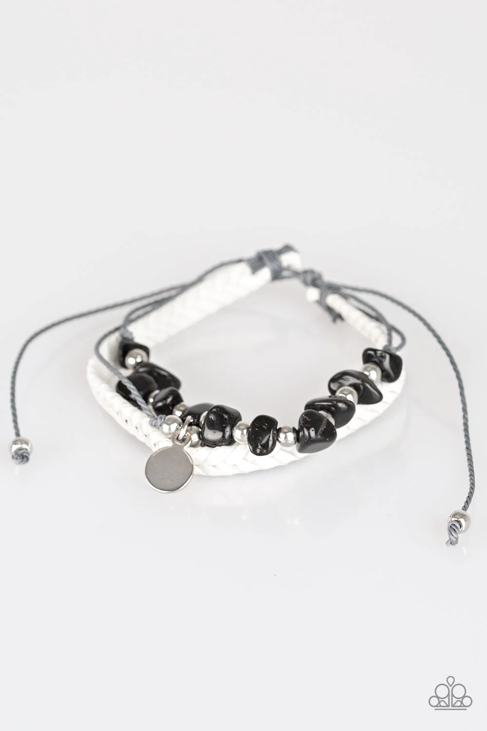 A PEACE Of Work - Black/Gray/White/Silver Infused Knotted Braided Rock Accent Leather Adjustable Sliding Knot Closure Urban Bracelet B#1136