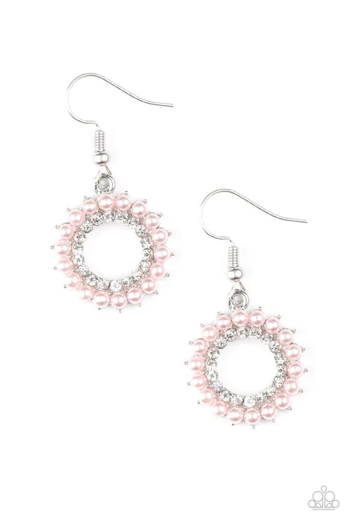 A Proper Lady - Pink Pearl Blooming Dahlia Encrusted Circle Earrings E#1647