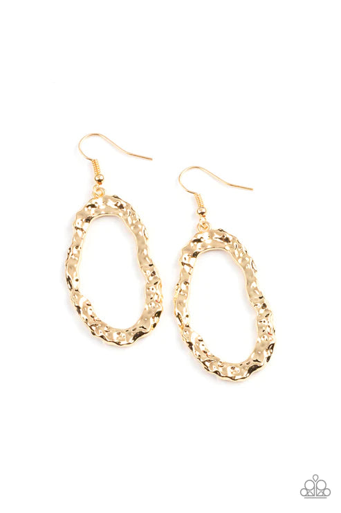 ARTIFACT Checker - Gold Oval Asymmetrical High Sheen Hammered Earrings E#1957