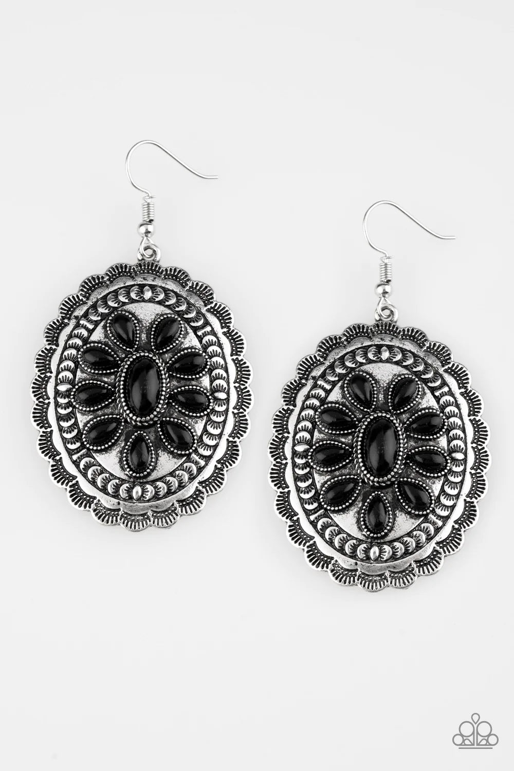 Absolutely Apothecary - Oversized Matte Black Floral Scalloped Stone Earrings E#1391