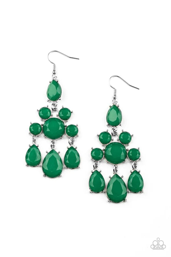 Afterglow Glamour - Oversized Green Dewy Afterglow Round/Teardrop Connected Chandelier Earrings E#517