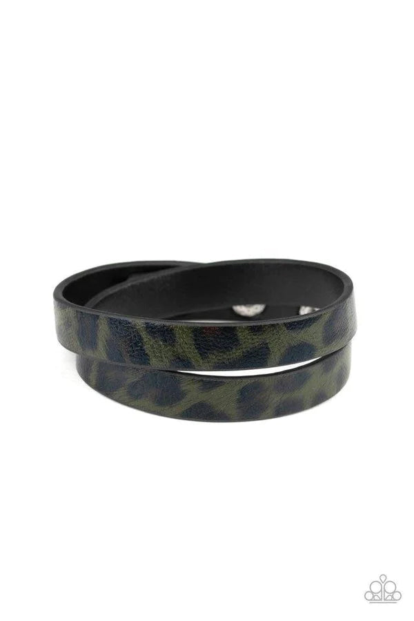 All GRRirl - Oversized Green (Green/Black) Wild Cheetah Strip Double Wrap Adjustable Snap Closure Leather Bracelet B#189