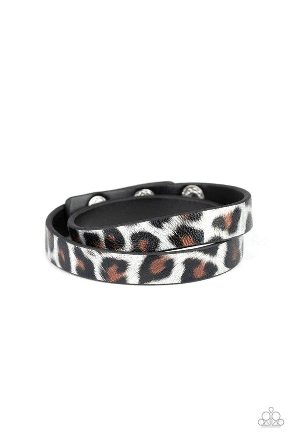 All GRRirl - Oversized Silver (Black/Brown/Silver) Wild Cheetah Strip Double Wrap Adjustable Snap Closure Leather Bracelet B#901