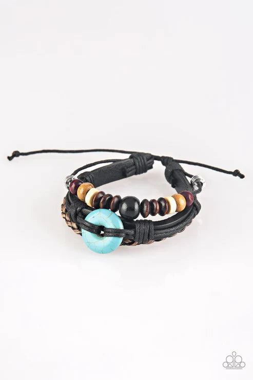 All Out Adventure - Black Mismatched Stone/Wood Accent Leather Adjustable Sliding Knot Closure Urban Bracelet B#1749
