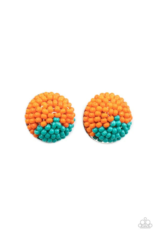 As Happy As Can BEAD - Orange (Amberglow/Blue) Circular Half/Half Seed Bead Earrings E#1423