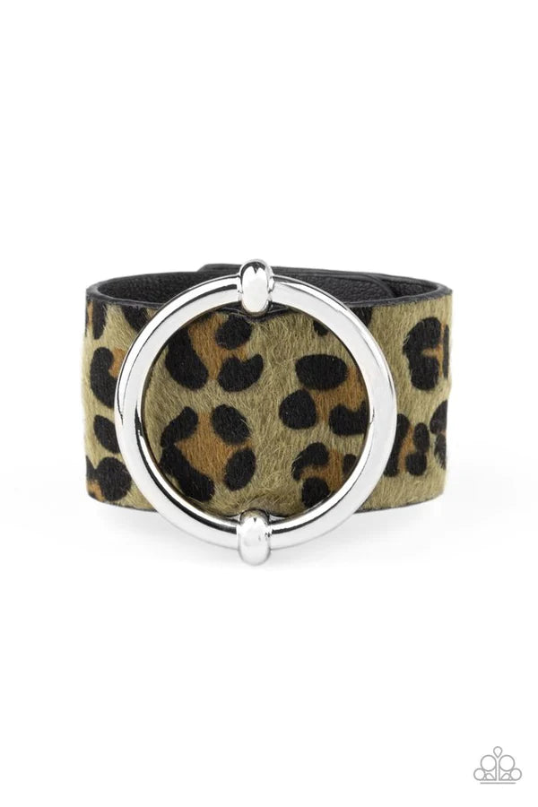 Asking FUR Trouble - Oversized Green/Black/Brown Dramatic Silver Ring Slides Along Black Leather band "Fuzzy" Green Cheetah Print Wild Finish Adjustable Snap Closure Bracelet B#970