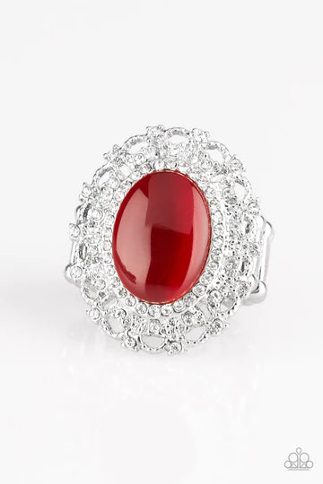BAROQUE The Spell - Red Frill Encrusted Cat's Eye Moonstone Ring R#711