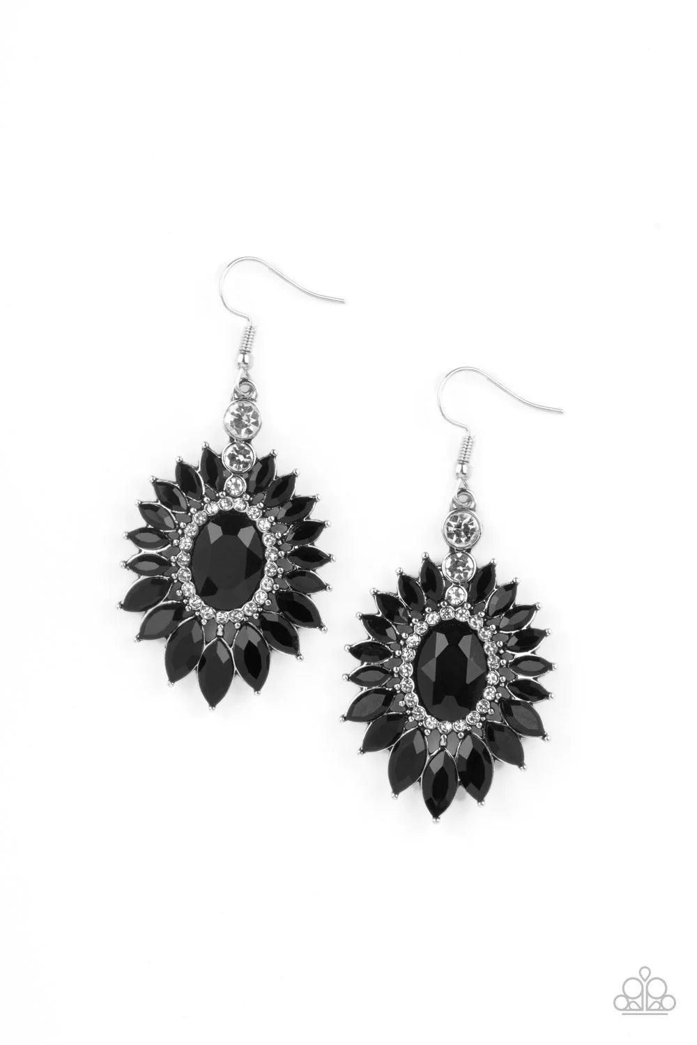 Big Time Twinkle - Black Oval Marquise Cut Floral Encrusted Fan Earrings E#1437