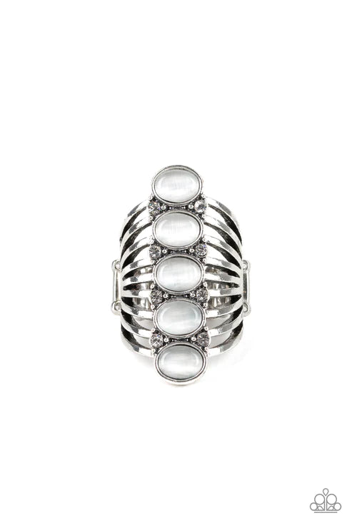 BLING Your Heart Out - Oversized White Encrusted Cat's Eye Moonstone Stacked Flare Ring R#2193