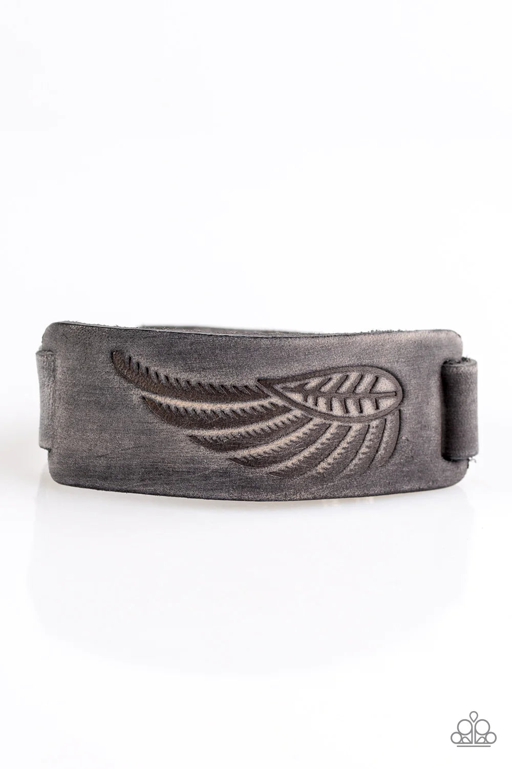 Backwoods Roamer - Oversized Silver/Gray Distressed Stamped 3D Leaf/Feather Suede Urban Bracelet B#1157