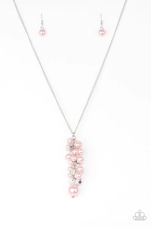 Ballroom Belle - Oversized Pink Pearl Mismatched Faceted Crystal Clustered Tassel Necklace N#2184