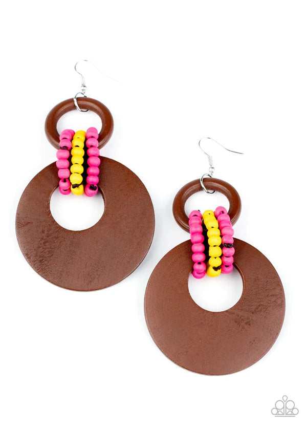 Beach Day Drama - Oversized Multi (Pink/Yellow/Brown) Wooden Beaded Links Connect Crescent Hoop Lure Earrings E#335