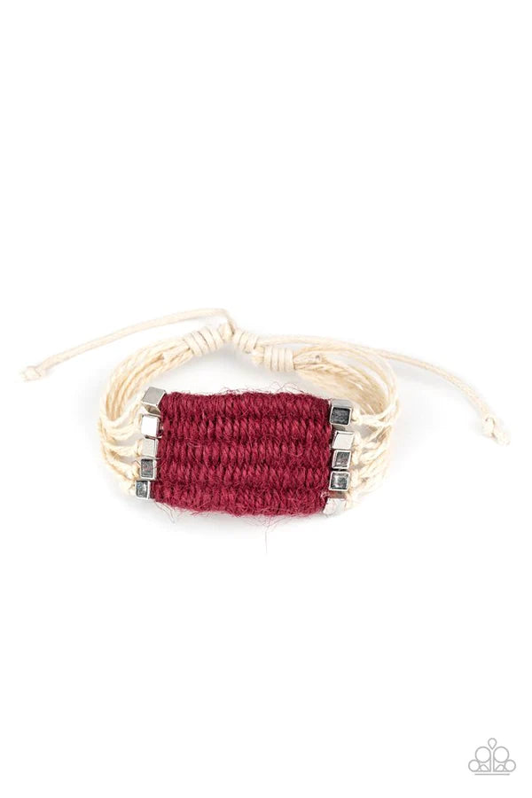 Beachology - Oversized Red (Wine) Beach Infused Silver Cube Knotted/Weaved Twine Cord Accent Sliding Knot Closure Urban Bracelet B#092