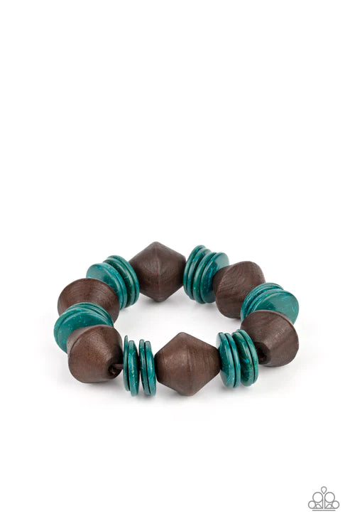 Bermuda Boardwalk - Oversized Blue/Brown Chunky Wooden Discs Summery Bracelet B#1612