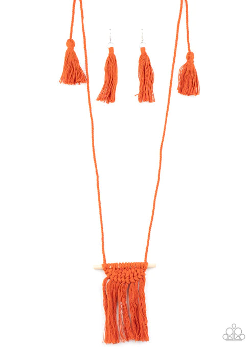 Between You and MACRAME - Orange Macrame Knotted Wood Dowel Tassel Necklace N#2534