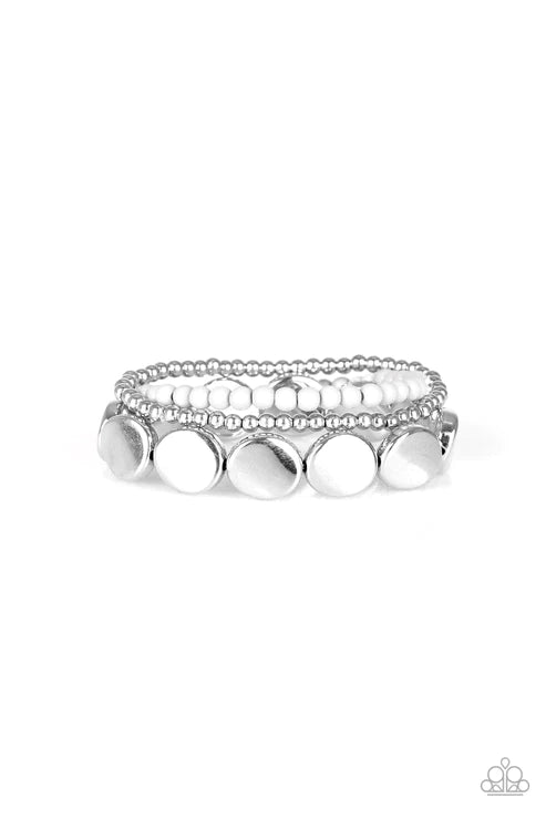 Beyond The Basics - White/Silver Mismatched Round Accent Bracelet Stack B#1977