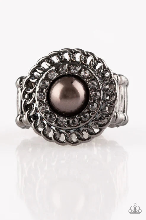 Big City Attitude - Black/Smoky Gunmetal Pearl Encrusted Chain Link Ring R#1945