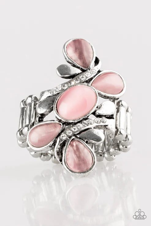 Bliss Out - Pink Round/Teardrop Ribbon Swoop Encrusted Cat's Eye Moonstone Ring R#1931