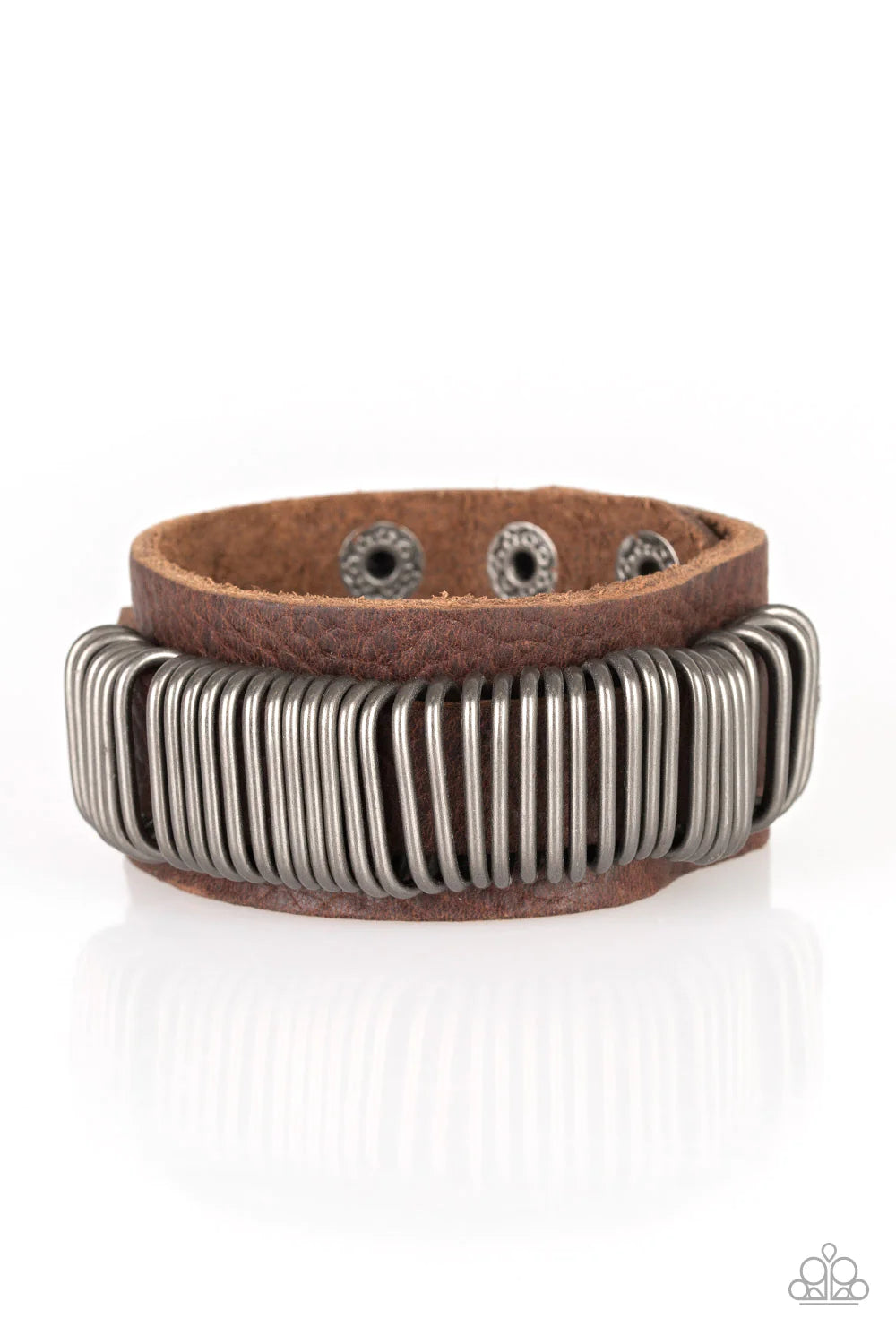 Boondock Bandit - Oversized Brown/Silver Rustic Bandit Studded Rings Slide Along Leather Urban Bracelet B#1042