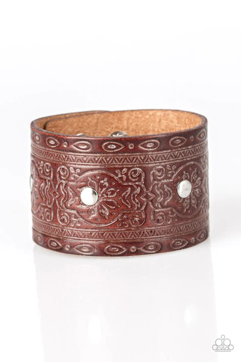 Boots and Broncos - Oversized Brown Rugged Studded/Stamped Western Encrusted Leather Urban Bracelet B#1739