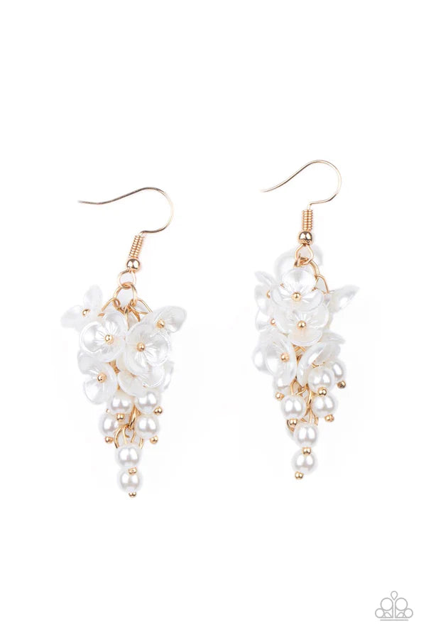 Bountiful Bouquets - Gold/white Pearl Floral Cluster Chandelier Earrings E#1389